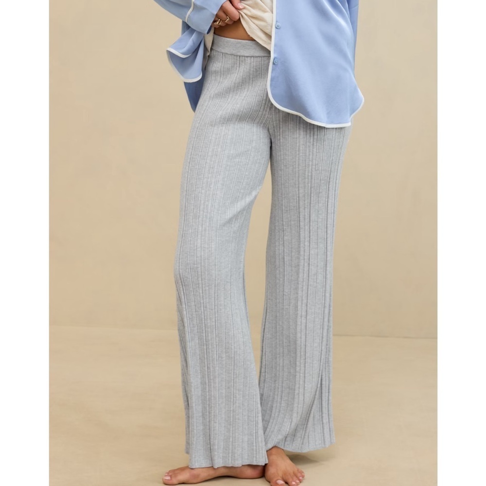 Aerie High Waisted Sweater Pants Gray Ribbed Wide Leg